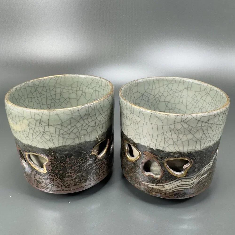 Otagiri SomaWare Gold Horse Cup Tumbler Porcelain Obori Crackled Glaze Set2 Cups